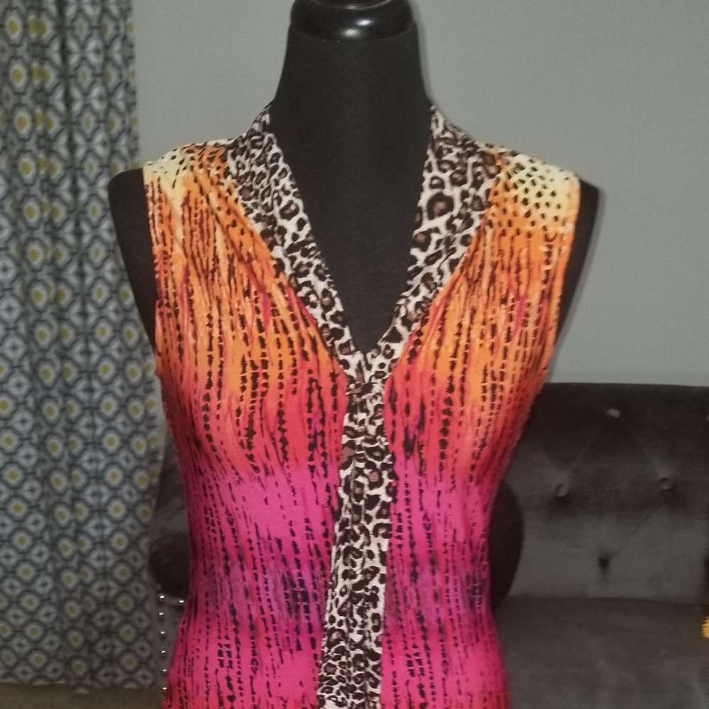 Sleeveless pink, orange and animal print dress